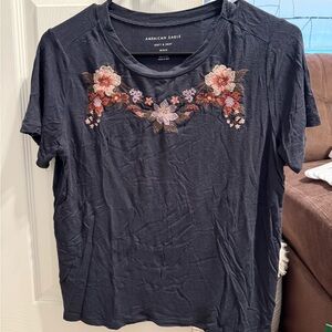 American Eagle Outfitters Black Floral Embroidered Tee